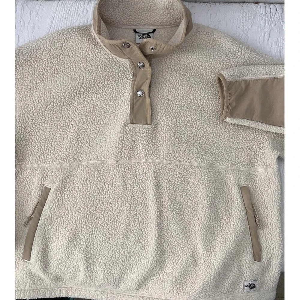 VINTAGE North Face Cragmont Pullover Jacket Deep Pile Fleece T Snap LARGE CREAM